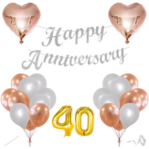 Image of Flyloons 40th Happy Anniversary Decoration Items Rose Gold White for Men Women Husband Wife Mom Dad Parent Couple Home Bedroom Car With 20 Pcs Metallic Balloons Anniversary Banner 2 Pcs Heart Set Kit