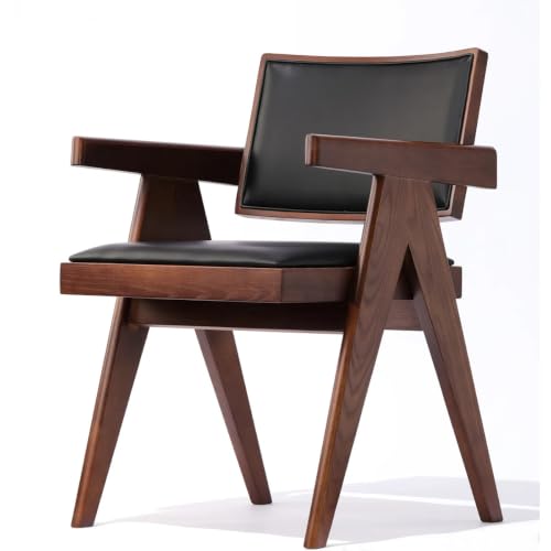 Image of Solid Wood Arm Chair with Cushion and Cane Back Support Chair Living Room Bedroom Home Wooden Armchair Furniture Garden Balcony Outdoor & Indoor (Walnut Chair with Black Leather 2)