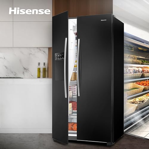 Hisense RS694N4IBF Freestanding Side-by-Side Door American Fridge Freezer 562L 91 x 178.6 x 74.3 cm (W x H x D), Black, Varnished Door Hisense RS694N4IBF Freestanding Side-by-Side Door American Fridge Freezer 562L 91 x 178.6 x 74.3 cm (W x H x D), Black, Varnished Door