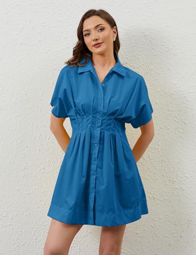 Image of calbatic Women Button Down Pleated Shirt Dress Striped Short Sleeve Summer Casual Business Flowy Mini Short Dress Dark Blue