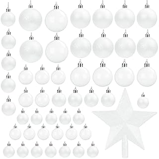 Belle Vous 50 Pack Christmas Baubles - Assorted Size Glittery White Baubles with Star Tree Top - Xmas Tree Ball Hanging Ornaments for Christmas Decorations Holiday Party Indoor & Outdoor Decorations