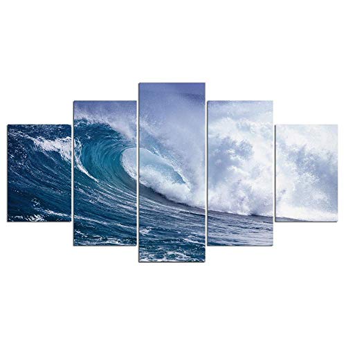 Impression sur toile intissée 5 pièces énormes vagues grand format tableau mural