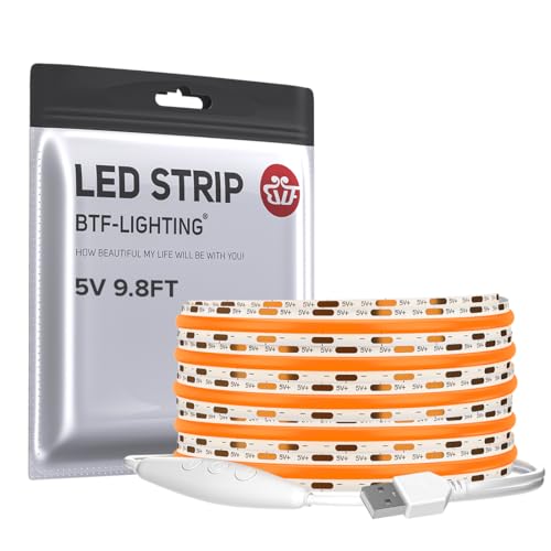 Image of BTF-LIGHTING 5V USB Orange Color COB LED Strip Lights Super Bright Dimmable LED Tape Light,9.8FT 320LEDs Flexible Light Strip with Strong 3M Tape for 3D Printer,TV Backlight,Cabinet,Home Lighting