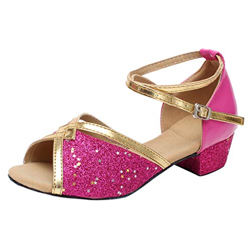 Sandales Danse Fille Chaussure à Talon Bout Ouvert Enfant Tango Latin Cha-Cha Soirée Unique Chaussures de Pratique Chaussures de Princesse 4-15ans BaZhaHei(29,Rose Vif)