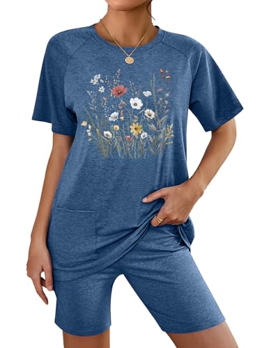 Image of Ekouaer Two Piece Sets for Women Summer Outfits 2026 Lounge Set Crew Neck Tshirts Biker Short Sweatsuit with Pocket