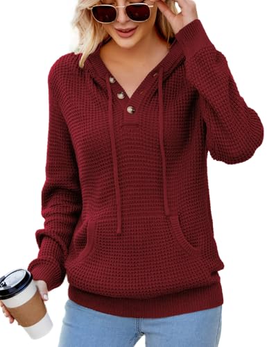 Image of CiCiBird Women's Fall Hoodies Sweater V Neck Waffle Knit Top with Pocket | Loose Fit, V Neck Button, Adjustable Drawstring, Long Sleeve, Kangaroo Pocket, Weekend Errands, Daily Wear, Work Casual