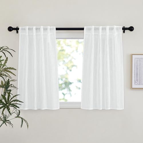 NICETOWN White Semi Sheer Linen Kitchen Curtains 36 inch Length, Rod Pocket & Back Tab Linen Weave Window Treatments Vertical Drapes Privacy with Ligh