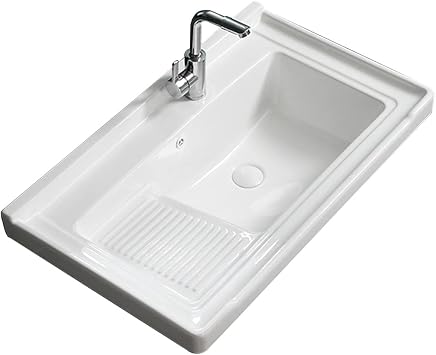 Large Bathroom Laundry Sink Rectangle Ceramic Balcony Vessel Sink Semi-recessed Laundry Tub with Washboard and Faucet Color White, Size 72x48cm
