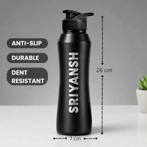 Image of Speedex Customised Stainless Steel Sipper Water Bottle 1 Ltr with Engraved Name - Personalised Flip Cap Bottle for Kids, Adults, School, Sports, Gym, Black, Set of 1