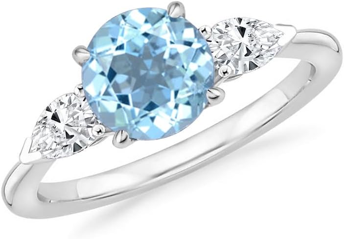 Round & Pear Cut Blue Topaz And White Diamond 3 Stone Engagement Ring, 14k Gold Finish Ladies Bridal Three Stone Propose Ring, Topaz & Diamond Ring