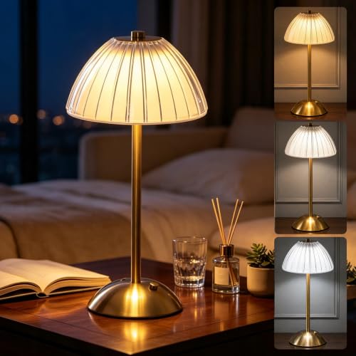 Image of Retro Gold Cordless Table Lamp, 3 Color Rechargeable LED Bedside Table Lamp