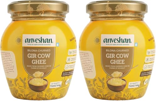 Image of Anveshan A2 Gir Cow Desi Ghee 150ML | Bilona Method | Curd-Churned & Cultured | Pure & Natural | Danedar Texture | Lactose-Free, Gluten-Free | Grass-Fed | Lab Tested | Glass Jar (Pack of 2)