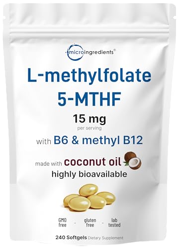 Micro Ingredients L Methylfolate 15mg 240 Softgels | Active 5-MTHF with B6 & Methyl B12 | Methylated Vitamin B9 with Coconut Oil