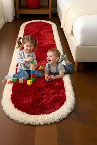 Image of Fluffy Silky Micro Fiber Polyster Carpet /Runner for Bedroom, Study Room, Playing Room, Guest Room ETC. 4x6 feet Feet, (Red and Ivory Side boder)