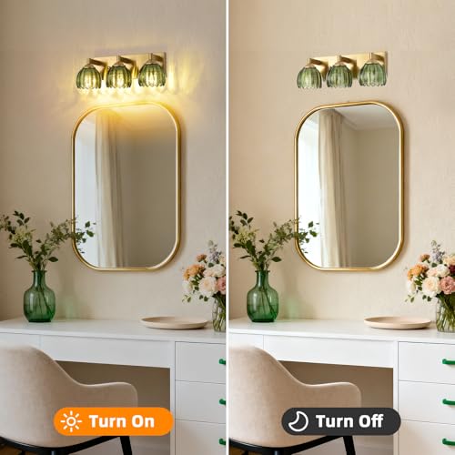 Image of Bathroom Vanity Light Fixtures, 3-Light Brushed Gold Bathroom Light Fixtures Over Mirror, Antique Wall Lights with Green Glass Tulip Light Shade for Mirror, Kitchen, Hallway, Cabinet, Porch