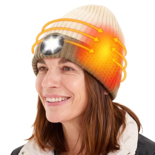 WOOMER Battery Heated Hat Rechargeable Electric Beanie Hat Men Women Skull Cap with 5V 4000mAH Rechargeable Battery 3 Lighting Modes & 3 Temperature Settings Beige & Khaki