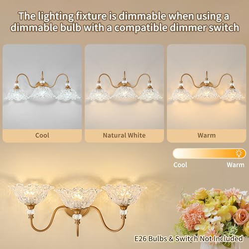 Image of Vintage Bathroom Vanity Light, 3-Light Matte Deep Brass Finish Vanity Light with Flower-Shaped Clear Glass Shades, Retro Wall Sconce for Bathroom