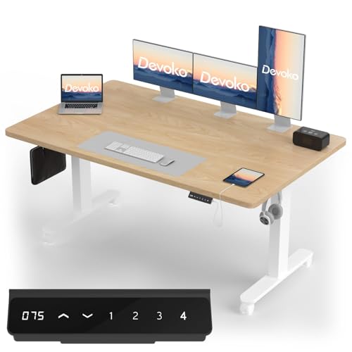 Devoko Höhenverstellbarer Schreibtisch mit 2 Motoren，25mm Einteilige Tischplatte, 160x80 cm Mobiler Elektrisch Computertisch mit Kabel Management, Eiche - Perfekte Ergonomie für Dein Büro