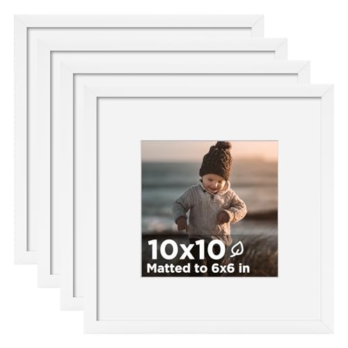 KINLINK 10x10 Frame White Set of 4 Wooden Square Photo Frames Matted 6x6