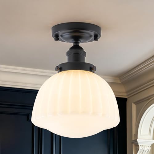MENCOLULU Small 7.7" Black Vintage Schoolhouse Semi Flush Mount Ceiling Light Ribbed Milk Glass Ceiling Light Fixture for Hallway Entryway Laundry Room Bathroom Over Sink by MENCOLULU - Used condition - US$46.32
