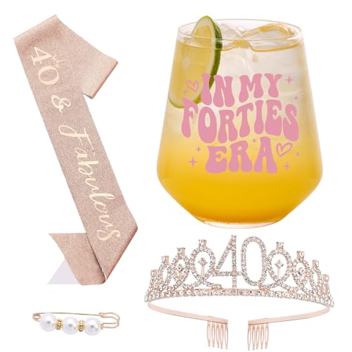TrophyToast 40th Birthday Gifts For Women - In My 40s Era Wine Glass, 40th Birthday Decoration for Women with Rose Gold Sash & Crown, 40 Years Old Gifts For Sister, Son, Daughter, Mom, Best Friend