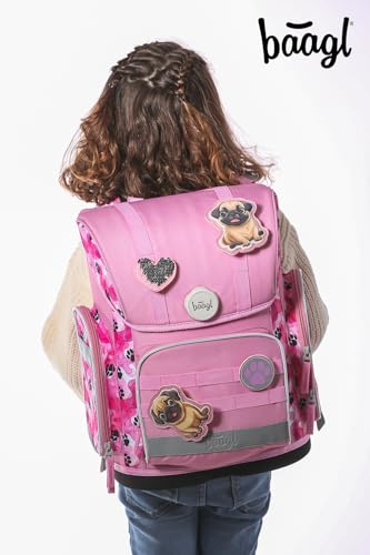 Baagl Schulranzen Jungen Mädchen Set 3 Teilig, Ergo Schultasche für 1. Klasse, Ergonomische Grundschule Ranzen Tornister mit Brustgurt (Pfötchen)