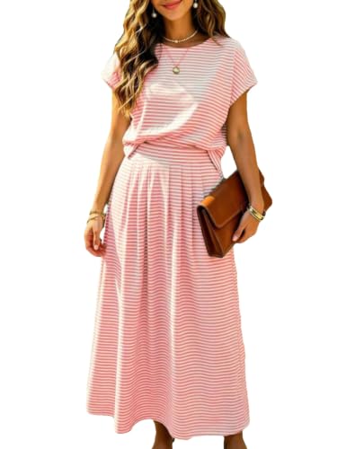 Image of Zontroldy Women's Summer 2 Piece Outfits Striped Skirt Sets Cap Sleeve Crop Top Midi Dress Matching Travel Outfits