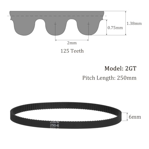 Kozelo 250-2GT-6 Gummizahnriemen - [ 6mm Breite, 250mm Steigungslänge ] Geschlossene Schleifen-Zahnriemen passend für 3D-Drucker, 125 Zähne