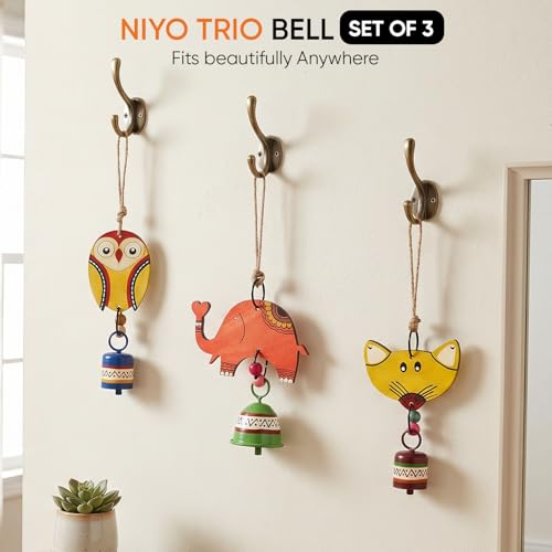 Image of Aakriti Art Creations Niyo Trio Wooden Animal Hanging Bells Set of 3 | Handmade Modern Art Wooden & Metal Wind Chimes | Indoor & Outdoor Hanging for Balcony, Garden, Living Room & Gifting