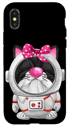 Funny Astronaut Gnome In Space Suit Costume With Cat Face For Teacher Mom And Crazy Cat Lady. Unique Space Astronaut Gifts For Women With Black Cat Girl Face Under Cosmonaut Helmet With Pink Bow.