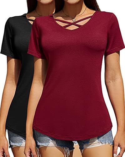 2 PCS Women Casual V-Neck Short Sleeve Criss Cross T-Shirt Tops Comfort Elegant Summer Blouse Tees