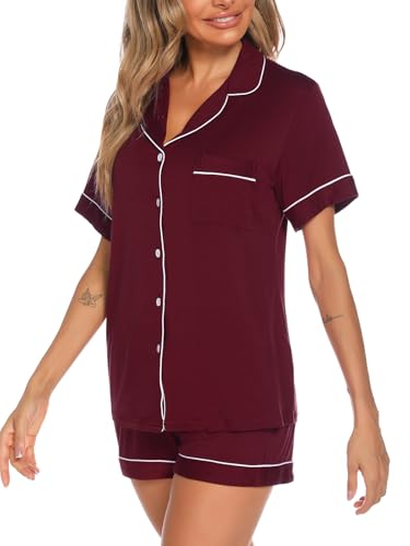 Image of Aamikast Button Up Pajama Set for Women Shorts Short Sleeve Knit Sleepwear 2 Pice Pjs Sets
