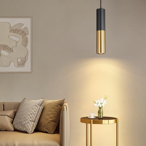 Mikeru Black And Brass Gold Cilindro Sospensione, 3 Temperature Di Colore 3000k/4500k/6500k Lampadari Cilindro Φ6*30cm Per Bancone Led Sospensione Lampada Per Sala Da Pranzo, Ufficio E Bar-1Pack