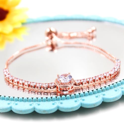 Image of Rose Plated Gold Brass Box Chain Cubic Zirconia Classic Tennis Slider Adjustable Bracelet, Round Big Zircon Charm Give Woman Mom Mother's Day Fashion Crystal Gift