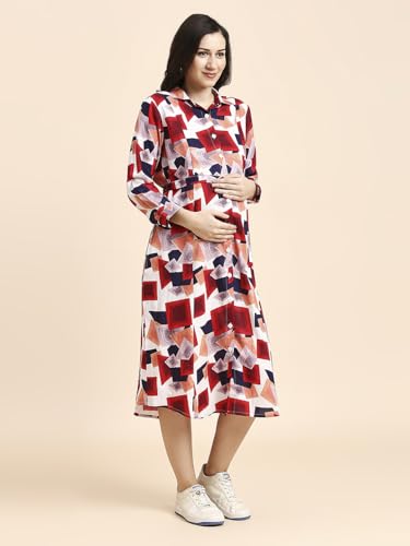 Image of MomToBe Women's Fit and Flare Calf Length Rayon Maternity Dress /Pregnancy Dress /Easy Breastfeeding Dress /Western Dress with Zippers for Nursing Pre and Post Pregnancy