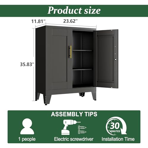 RISTERN Black Metal Storage Cabinet, 36" Tall Locking Storage Cabinet with 2 Adjustable Shelves, Steel Locker Organizer, for Office, Home, School, 11.81" D x 23.62" W x 35.83" H