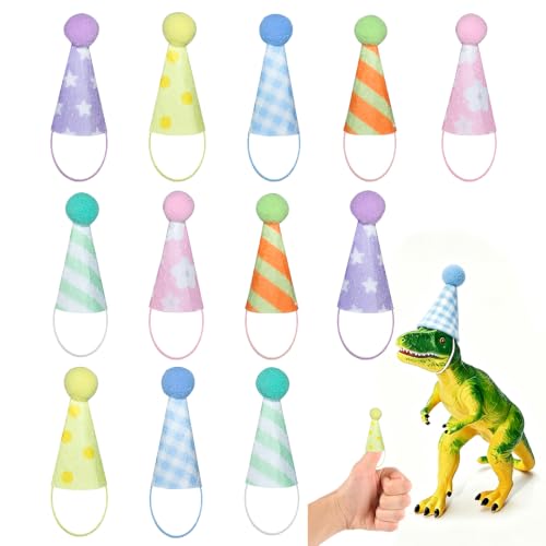 Mini Party Hats for Stuffed Animals, Felt Cloth Adjustable Mini Birthday Hats for Dolls Dog Cat Rabbit Puppies Assorted Animal Birthday Decorations[Patterned Color, 12pcs]