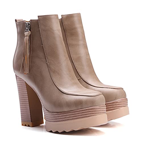 LEHOOR Women Platform Booties Chunky Block Heel Round Toe Ankle Boots With Side Zipper Fringe 4 inch Stacked Heel Lug Sole Short Boots Winter Warm for Ladies Fashion Wedding Booties 4-11 M US