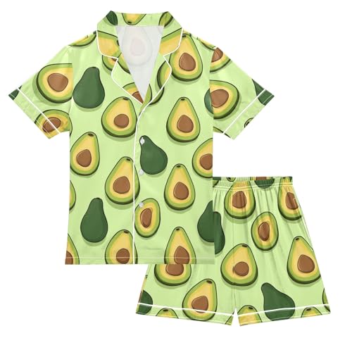 Green Avocado Print Summer Satin Pajama Set, Cute Button-Down Sleepwear Pj Set for Sleep Wears
