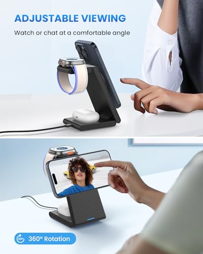 Image of Wireless Charger Magnetic for Apple Devices - JoyGeek 3 in 1 Foldable Charging Station for Magsafe Compatible with iPhone 16 15 14 13 12 Pro Max Plus, Apple Watch 10 9 8 7 6 5 4 SE, AirPods 4 /3 /2 /Pro