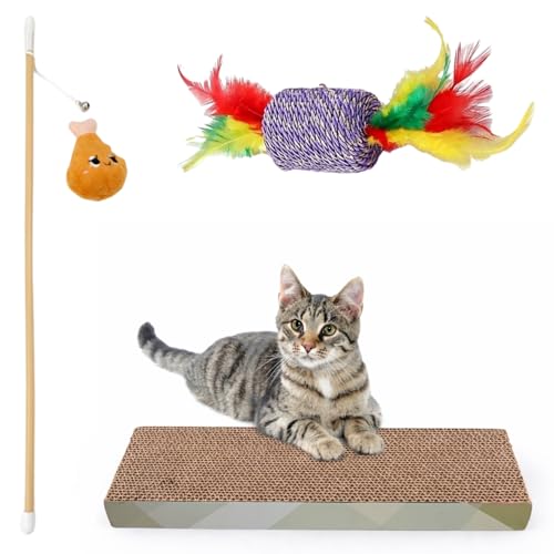 Image of Emily Pets Cat Scratcher (Pack of 3) with Toys - Cardboard Scratch Pad, Feather Wand, and Plush Toy, Durable and Anti-Slip for Cats and Kittens (Color May Vary)