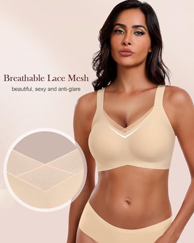 HORISUN Seamless Mesh Lace Bras for Women No Underwire Wireless Bras with Support and Lift Full Coverage Deep V Bralettes2