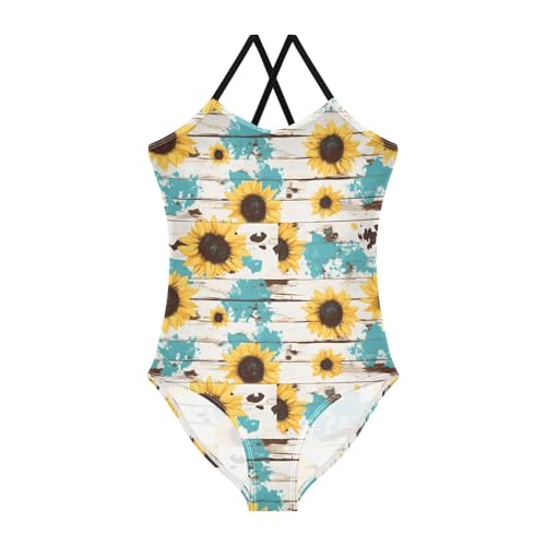 Sunflowers Pattern Girls Swimsuits Quick Dry Crossback One Piece Beach Swimwear Bathing Suit