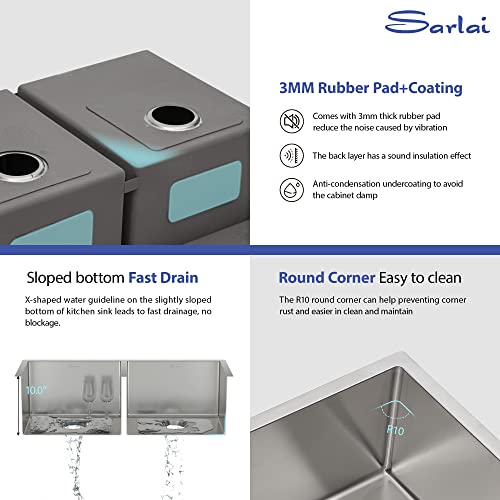 33 Undermount Sink Double Bowl - Sarlai 33X19 Kitchen Sink Undermount Stainless Steel 16 Gauge Round Corner Double Bowl 50/50 Sink Basin #TOP5