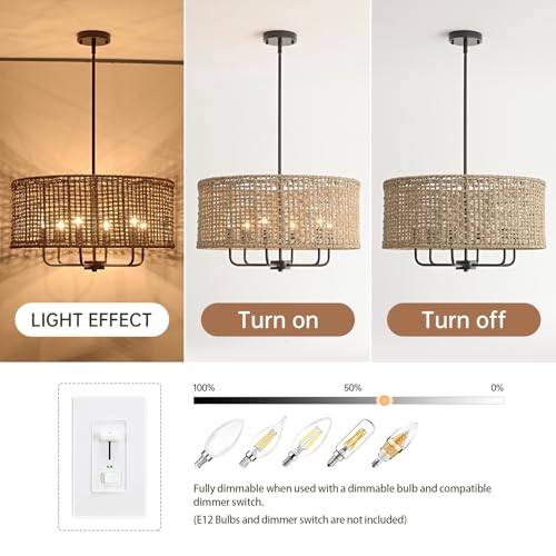 VDWO 6-Light Rattan Chandelier for Dining Room, Boho Chandelier, Coastal Hand Woven Pendant Light Fixture for Kitchen Island Entryway Foyer Living Room Bedroom UL Listed Black by VDWO - Used condition - Image 7