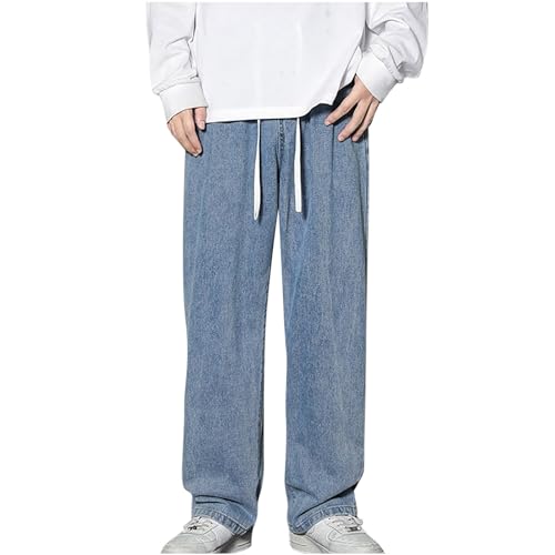 Finelylove Baggy Jeans Men Casual Loose Wide Leg Jeans Drawstring Elastic Waist Cotton Denim Pants 2024 Fashion