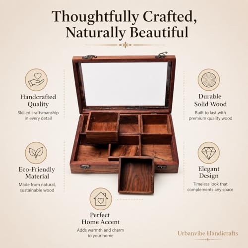 Image of Wooden Spice Box with 6 Removable Compartments|Masala Dabba for Kitchen Storage | Premium Wooden Spice Organizer with Transparent Glass Lid | Multipurpose Storage Box 120 ML