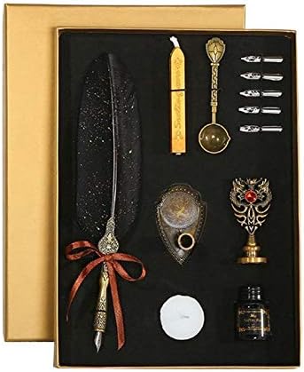 Sprinkle gold luxury retro feather pen dip calligraphy calligraphy pen writing ink 5 nib set stationery gift box (Color : Black)