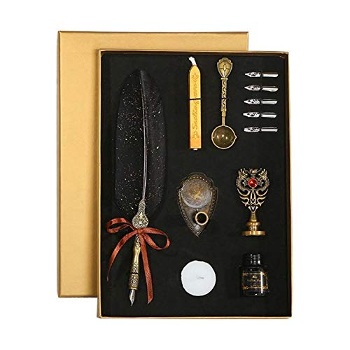 Sprinkle Gold Luxury Retro Feather Pen Dip Calligraphy Calligraphy Pen Writing Ink 5 Nib Set Stationery Gift Box (Color : Black) #TOP6