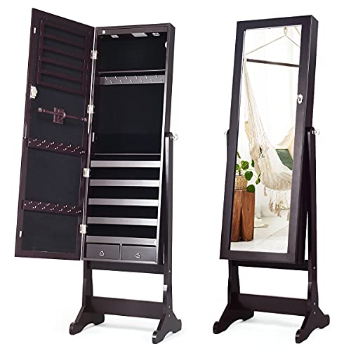 Giantex 2 LEDs Lockable Standing Jewelry Cabinet with Full-Length Mirror, Lockable Mirrored Jewelry Armoire with Scarf Rod 2 Drawers and 4 Adjustable Angle, Brown